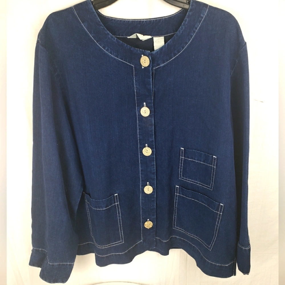 J.Jill Blue Denim Look Wood Button-Up Cardigan Jacket Sz L